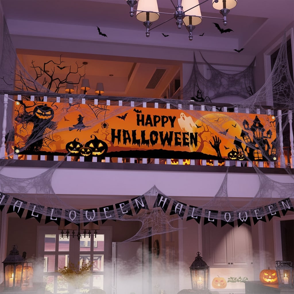 Halloween Banner Large Outdoor Decoration with Pumpkins Witch and Bats for Yard