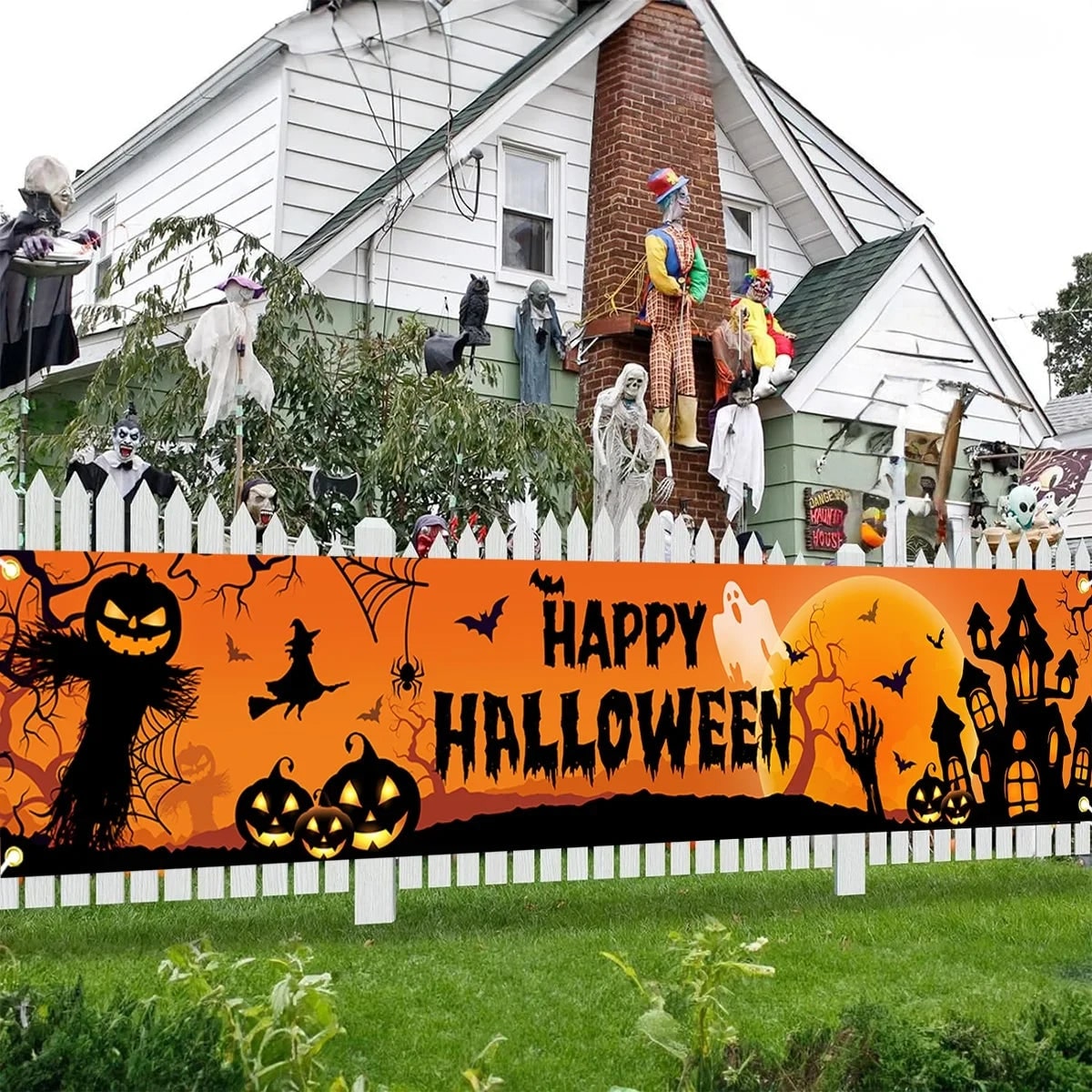 Halloween Banner with Jack O Lantern Pumpkin Witch Scarecrow Outdoor Yard Decoration