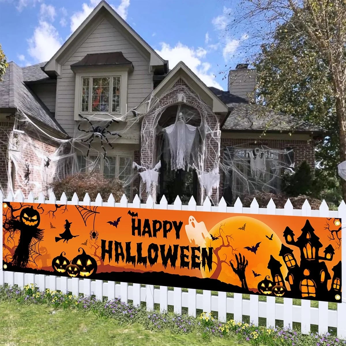 Halloween Banner with Jack O Lantern Pumpkin Witch Scarecrow Outdoor Yard Decoration