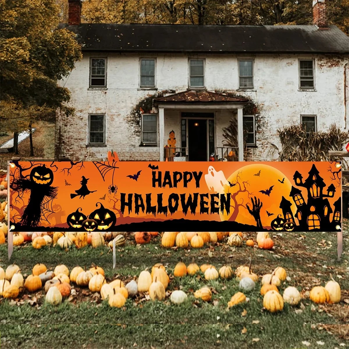 Halloween Banner with Jack O Lantern Pumpkin Witch Scarecrow Outdoor Yard Decoration
