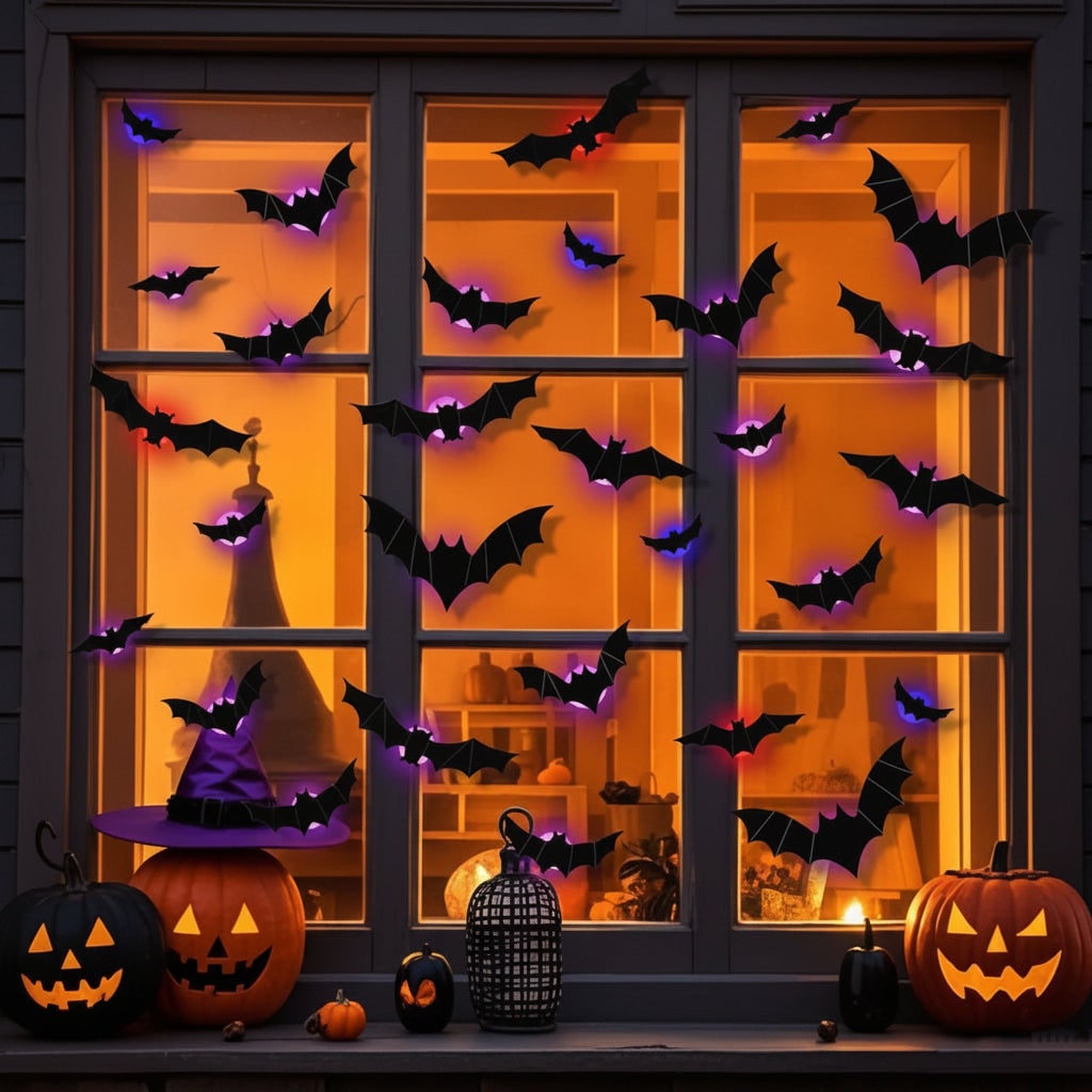 Halloween Bat Wall Decals with LED Lights Peel and Stick Decorative for Indoor Outdoor Decoration