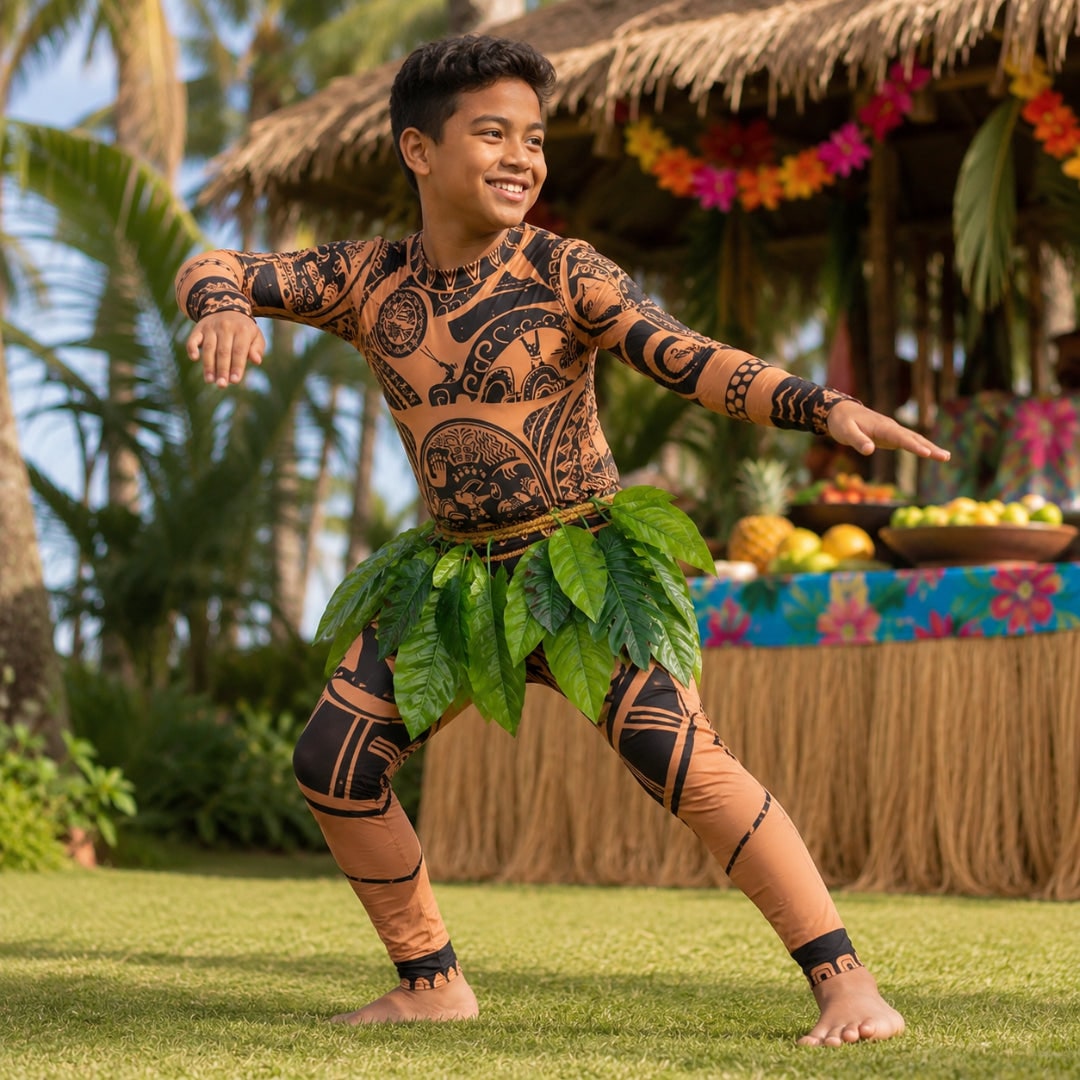 Halloween Bodysuit Costume with Tattoo Print and Faux Leaf Skirt Maui