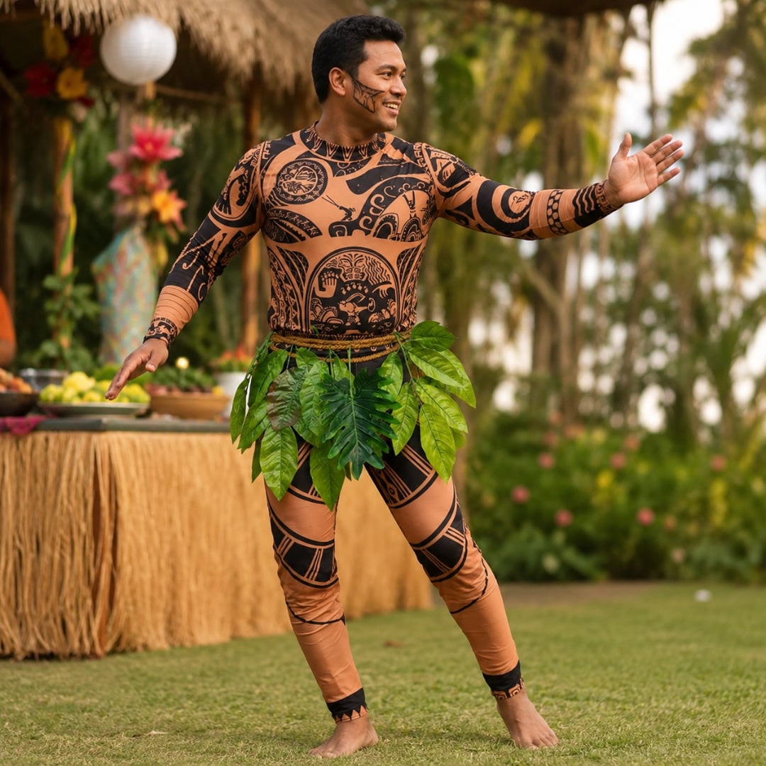 Halloween Bodysuit Costume with Tattoo Print and Faux Leaf Skirt Maui