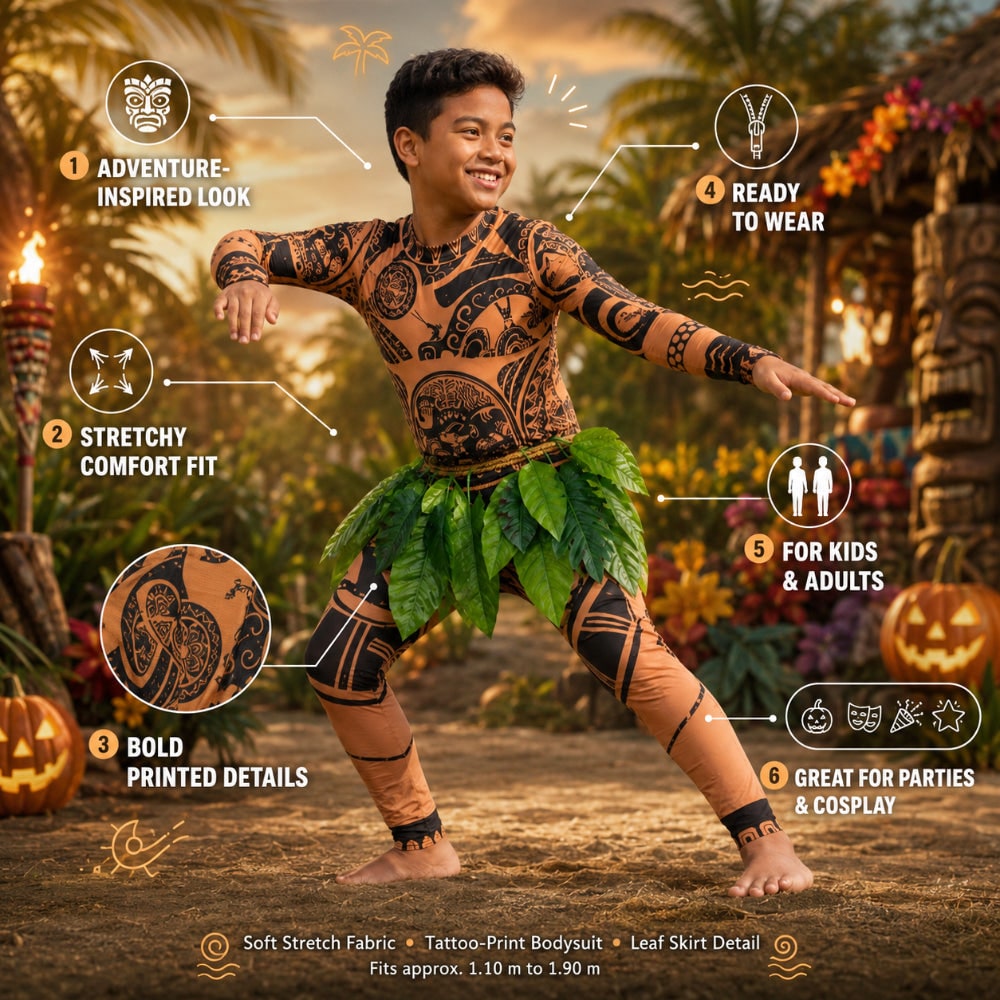 Halloween Bodysuit Costume with Tattoo Print and Faux Leaf Skirt Maui
