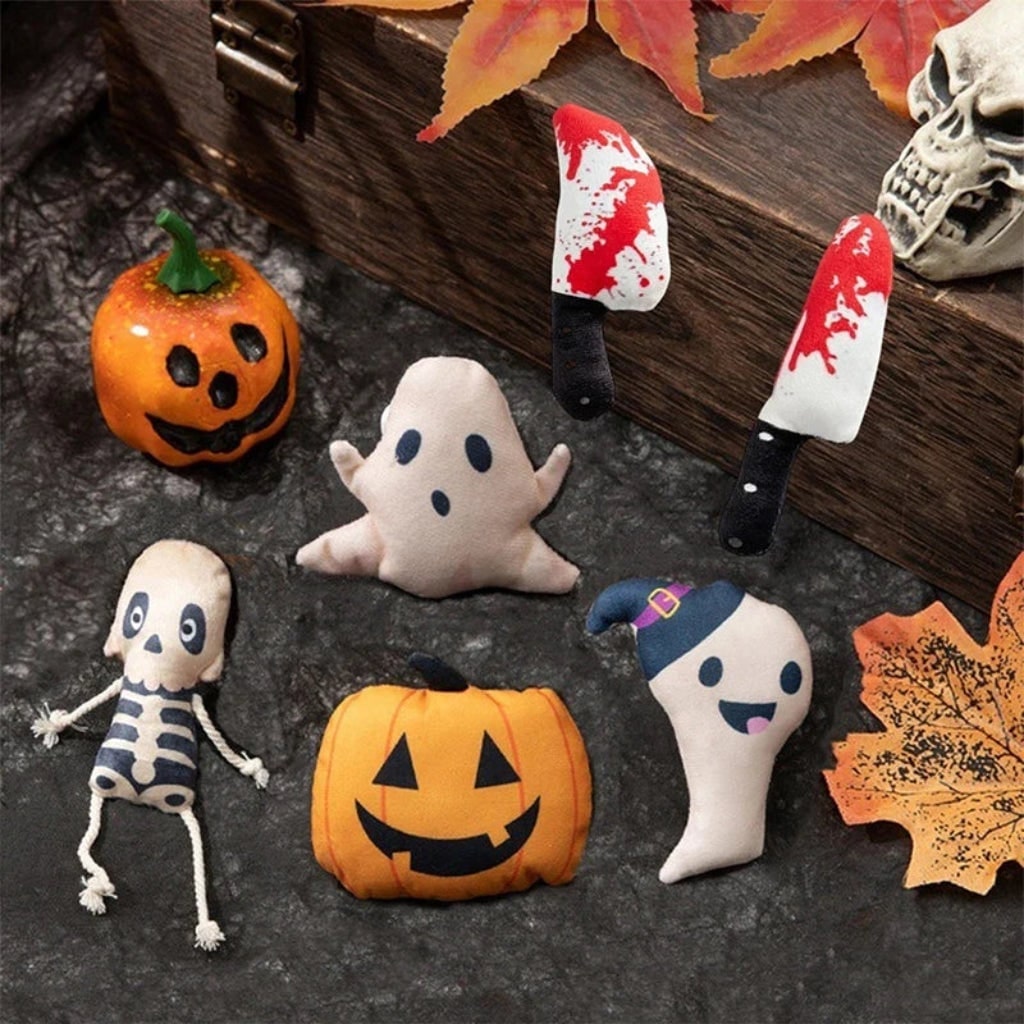 Halloween Cat Toys for Interactive Plush Play with Catnip Ghost and Pumpkin Designs Biting