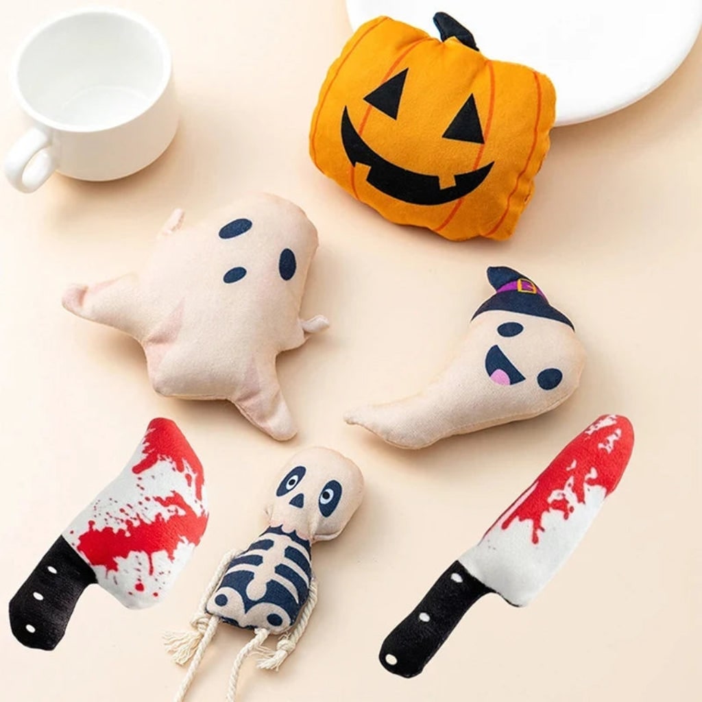 Halloween Cat Toys for Interactive Plush Play with Catnip Ghost and Pumpkin Designs Biting