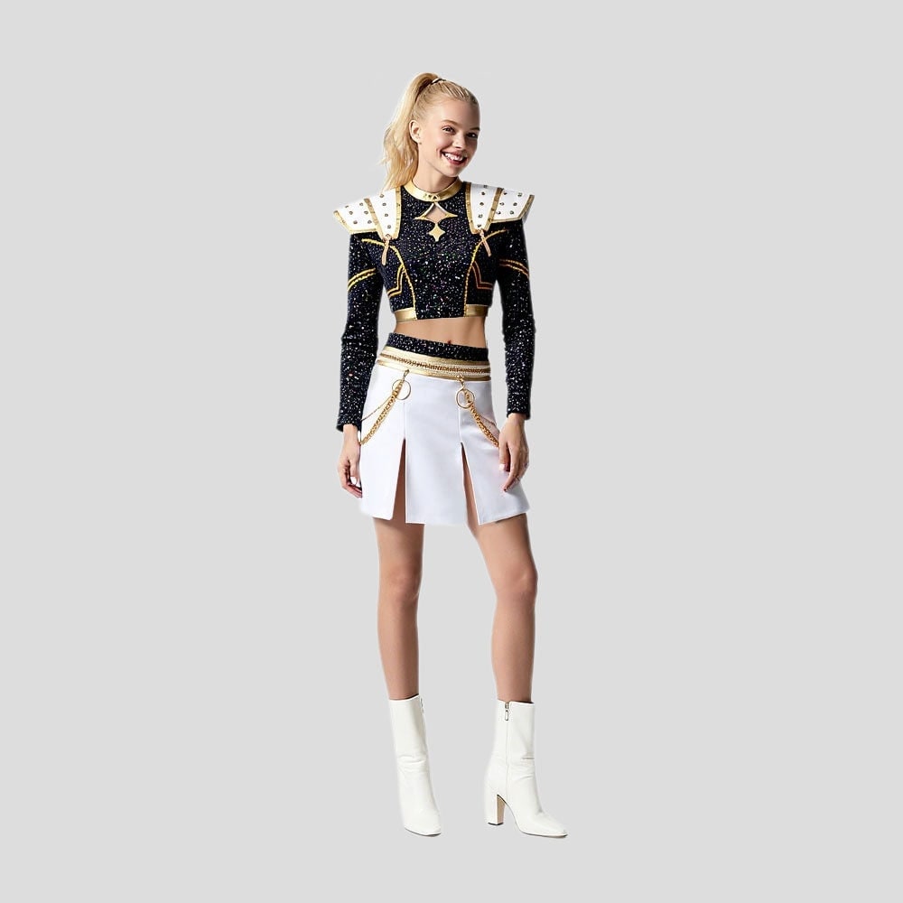 Halloween Cosplay Cheerleader Costume and Outfit Two Piece Set with Cropped Top Pleated Skirt