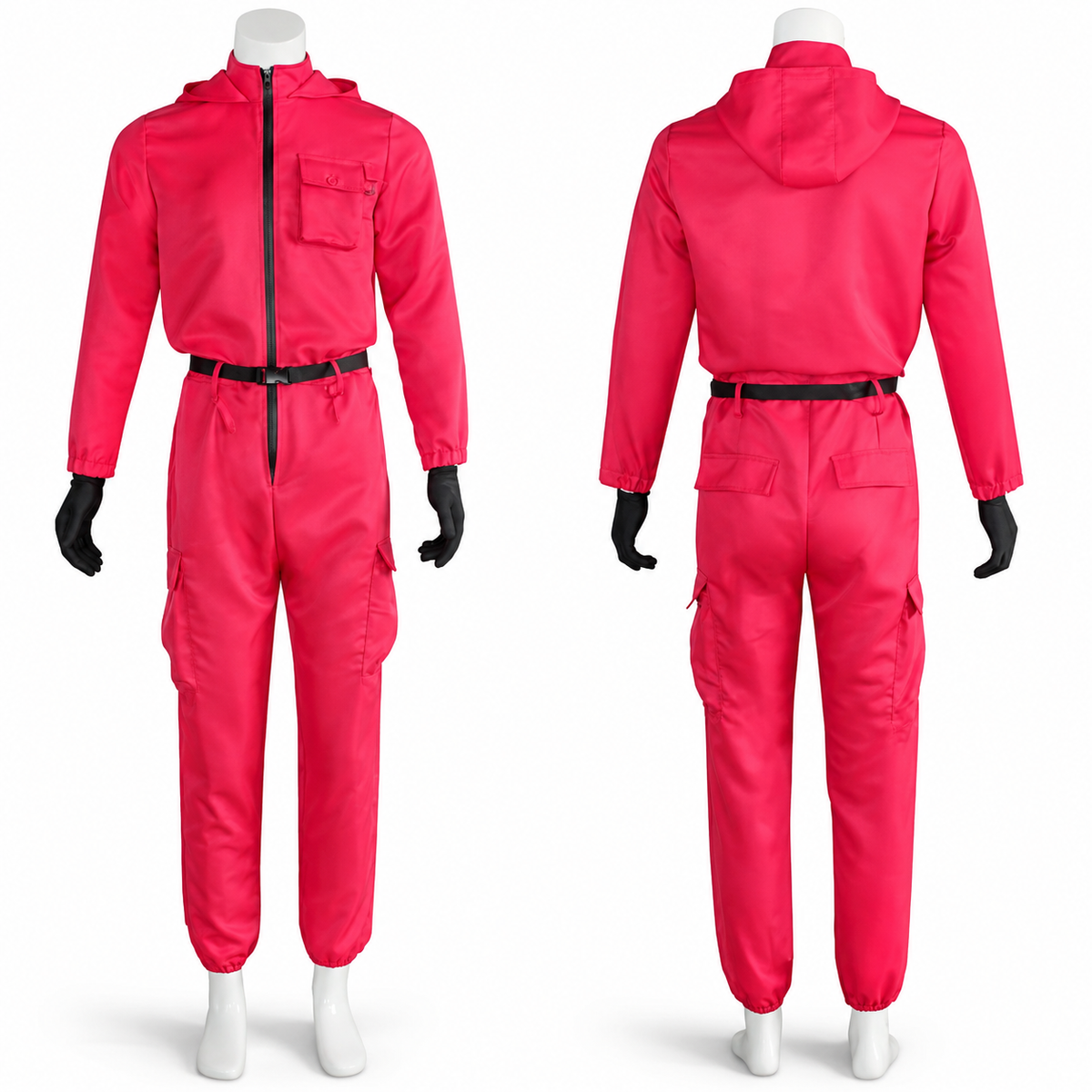 Halloween Costume Red Jumpsuit with Hooded and Belt for Cosplay Party Dress-Up