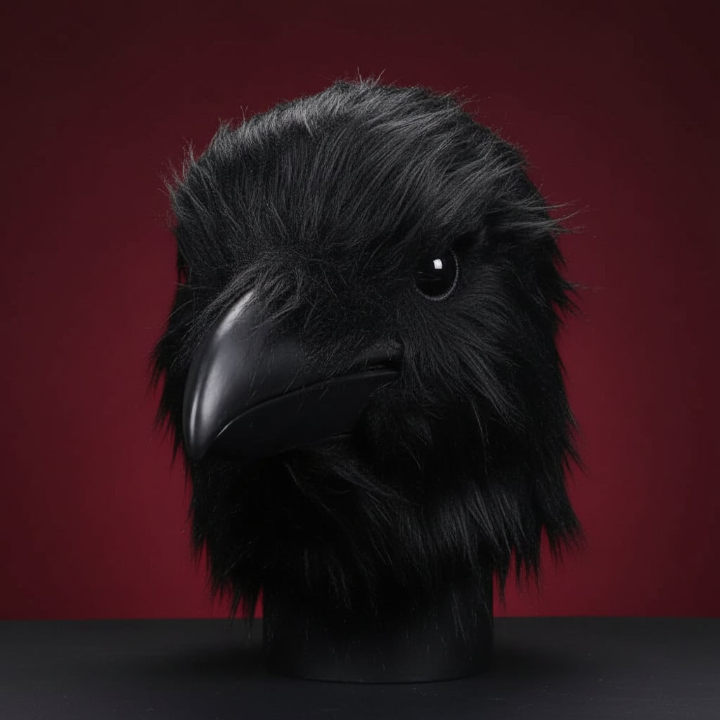 Halloween Crow Mask with Creepy Black Faux Fur Full Head Costume Venetian Masquerade