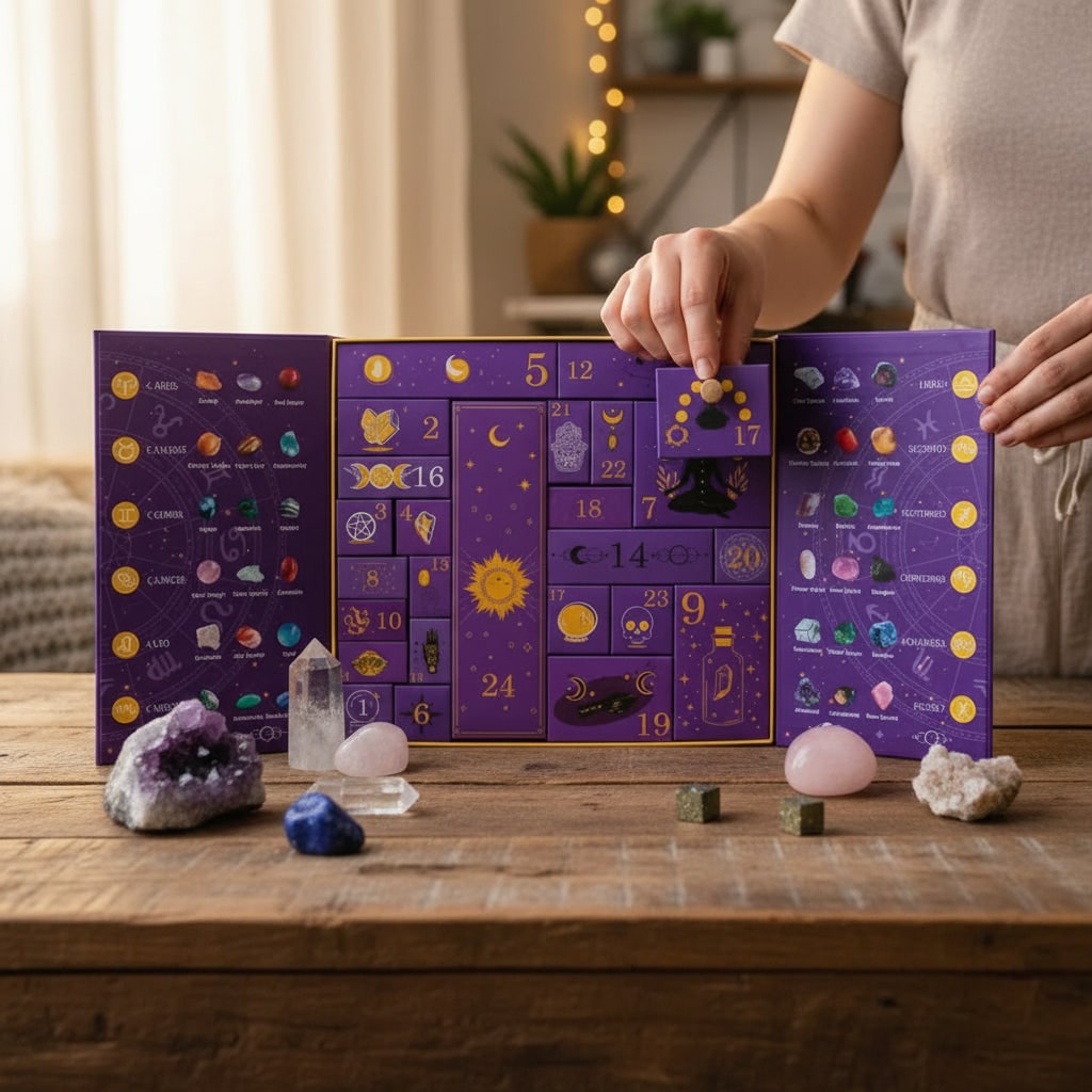 Halloween Crystal Advent Calendar 24 Day Countdown Box with Gemstones and Celestial Decorations