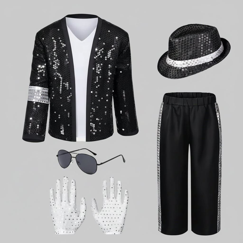 Halloween Dance Costume Michael Jackson Outfit with Sequin Jacket Fedora Hat and Gloves for Party
