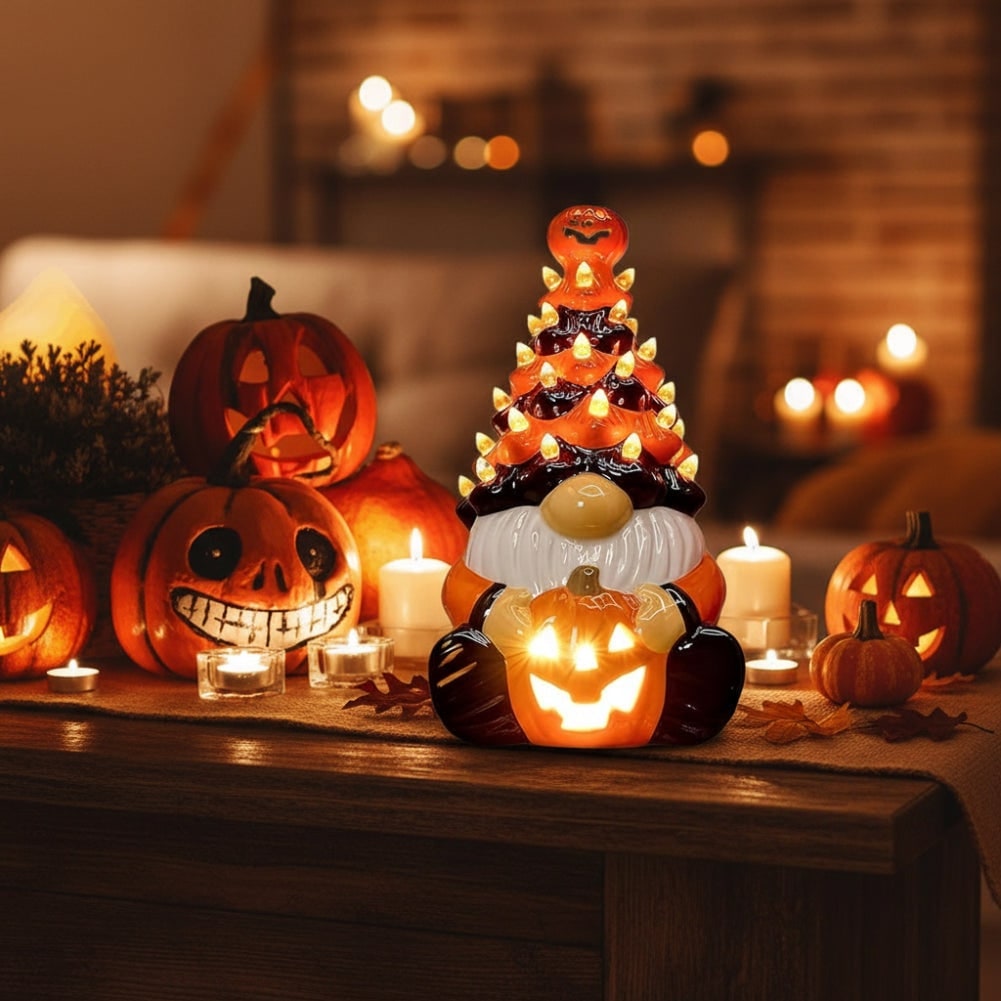 Halloween Decor Ceramic Gnome Tree with LED Lights Battery Operated Tabletop Figurine