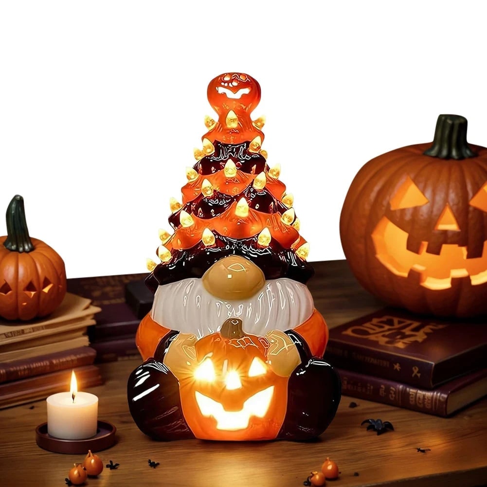 Halloween Decor Ceramic Gnome Tree with LED Lights Battery Operated Tabletop Figurine