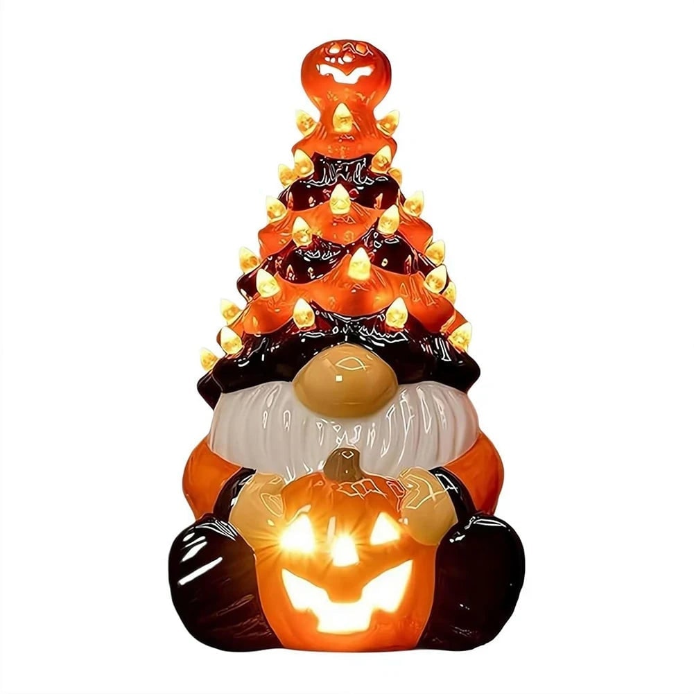 Halloween Decor Ceramic Gnome Tree with LED Lights Battery Operated Tabletop Figurine