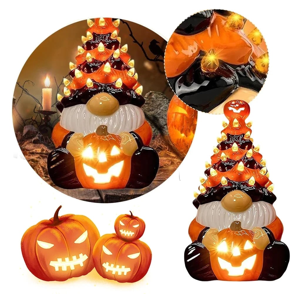 Halloween Decor Ceramic Gnome Tree with LED Lights Battery Operated Tabletop Figurine
