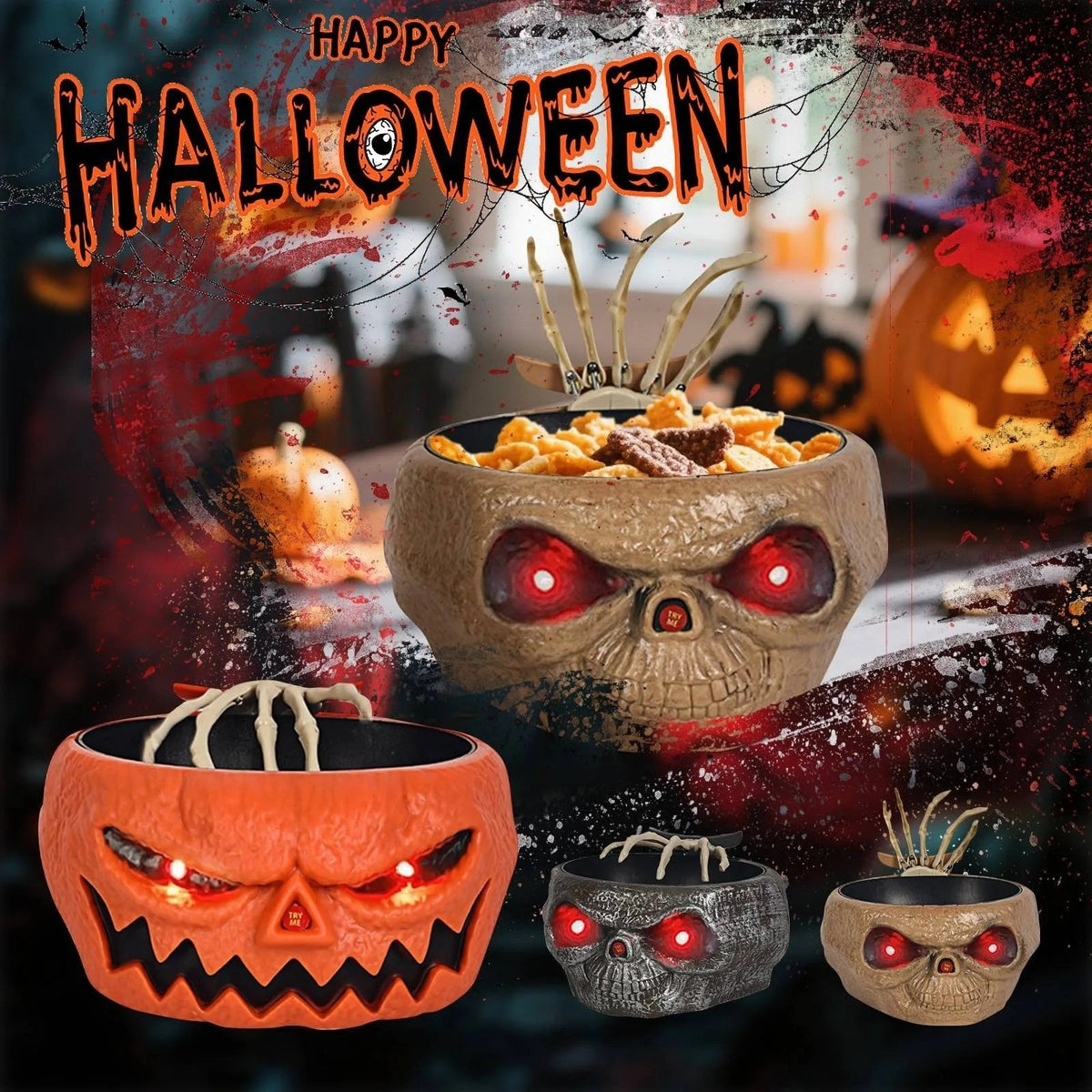 Halloween Decoration Animated Candy Bowl with Motion Sensor LED Eyes and Skeleton Hand for Party