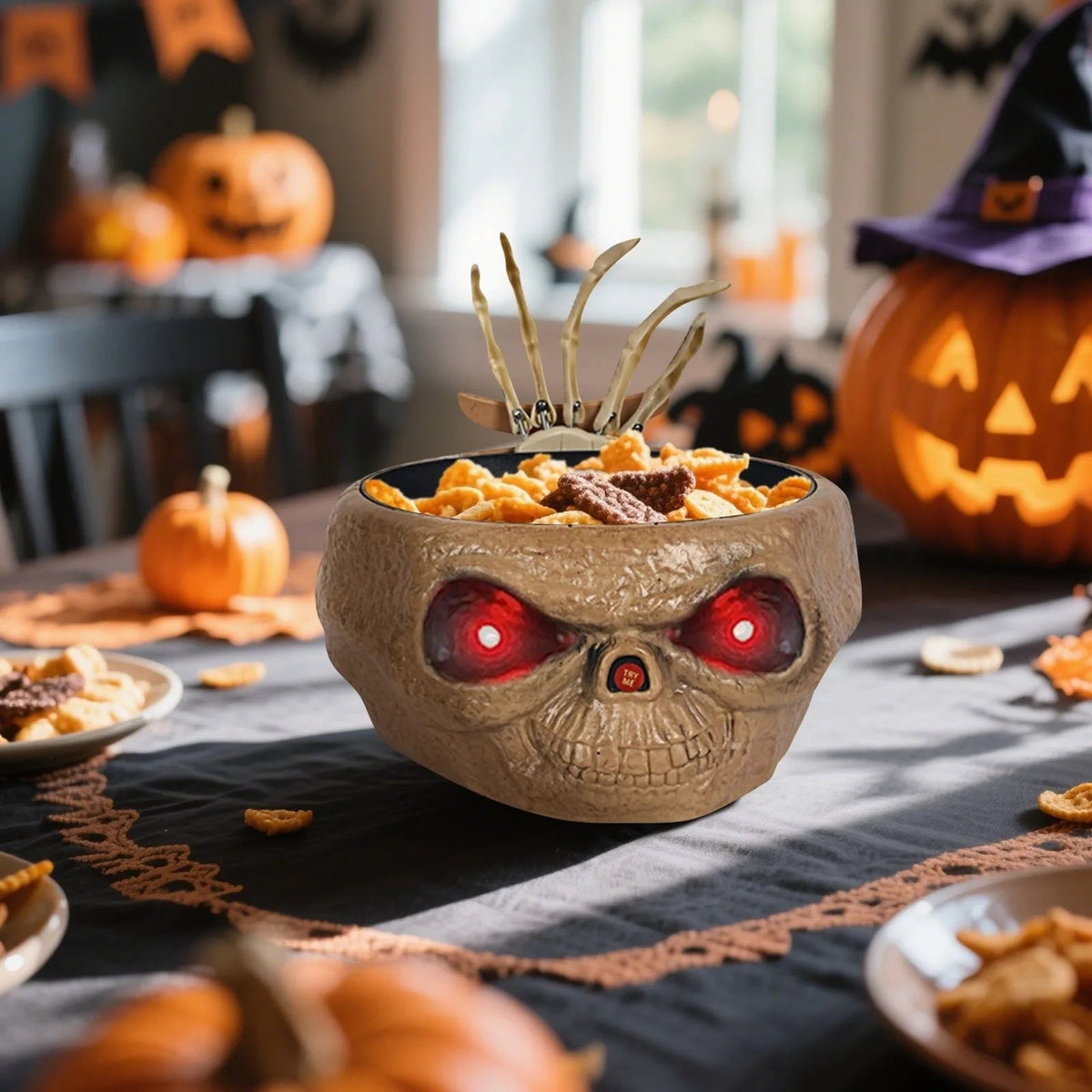 Halloween Decoration Animated Candy Bowl with Motion Sensor LED Eyes and Skeleton Hand for Party