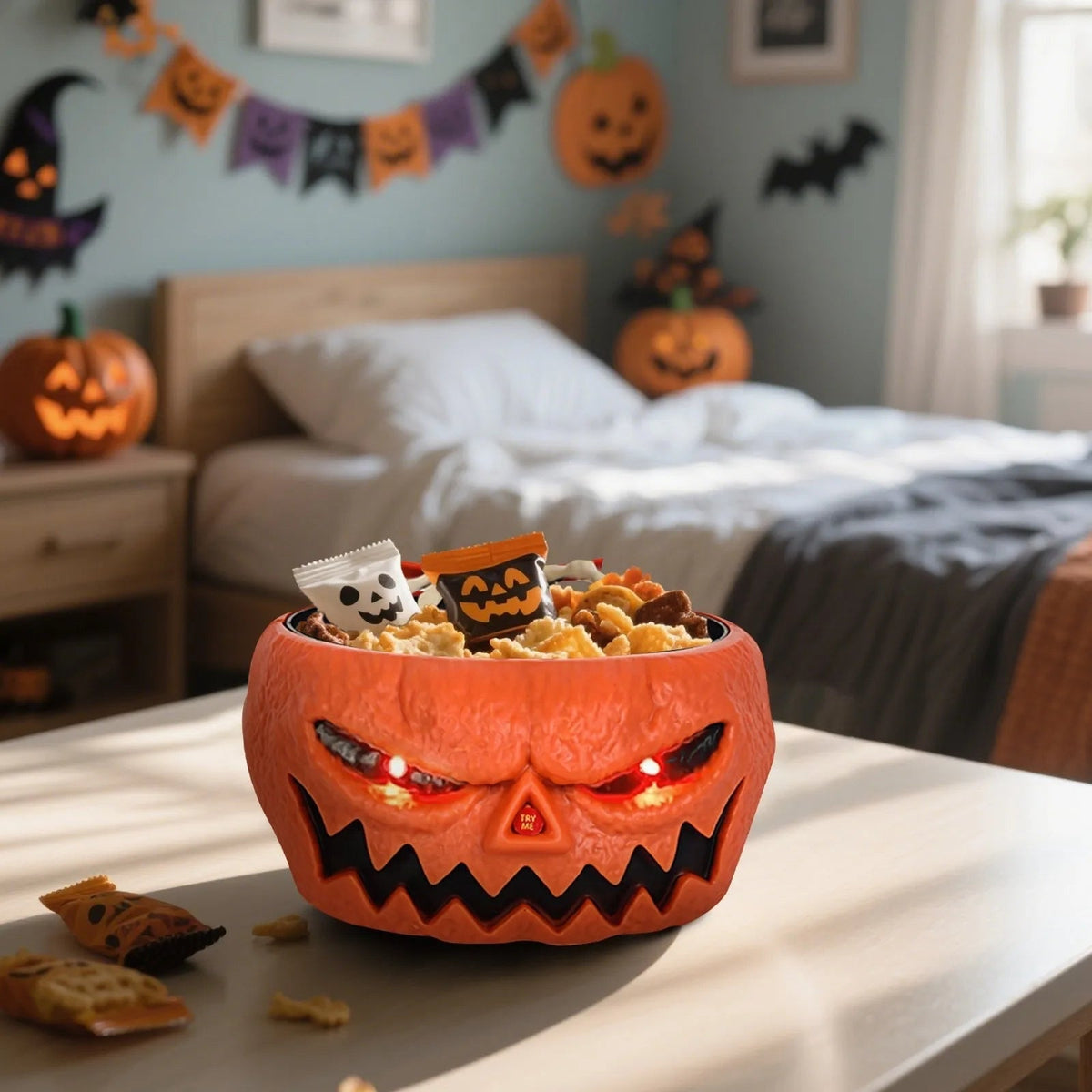 Halloween Decoration Animated Candy Bowl with Motion Sensor LED Eyes and Skeleton Hand for Party