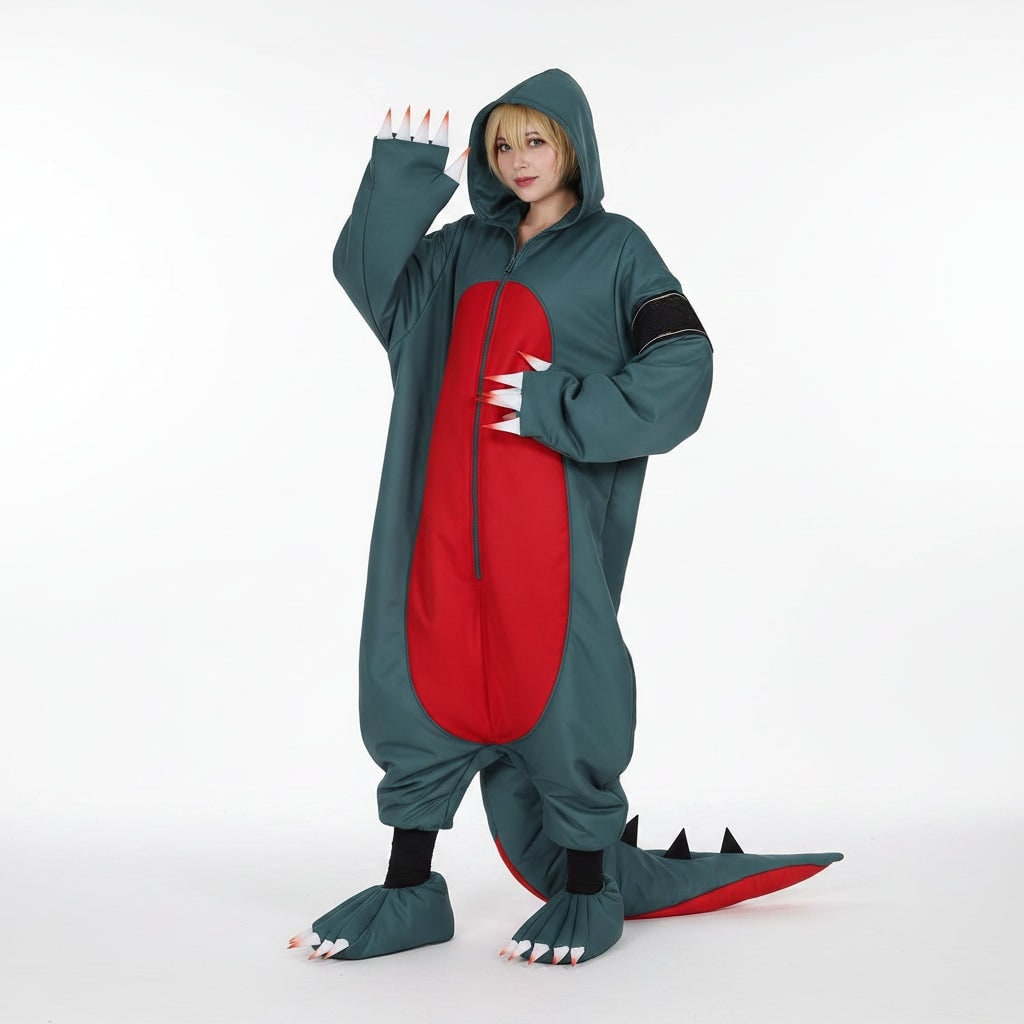 Halloween Dinosaur Cosplay Costume Onesie Jumpsuit with Wig and Shoe Covers for Party