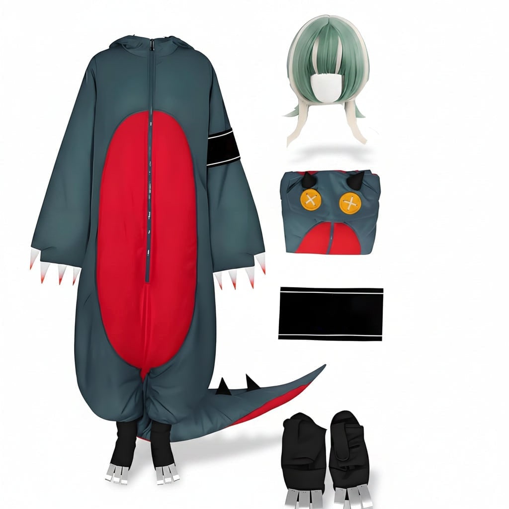 Halloween Dinosaur Cosplay Costume Onesie Jumpsuit with Wig and Shoe Covers for Party