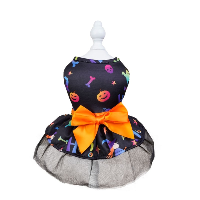 Halloween Dog Costume Dress with Tutu Skirt Satin Bow and Outfits for Pet Apparel