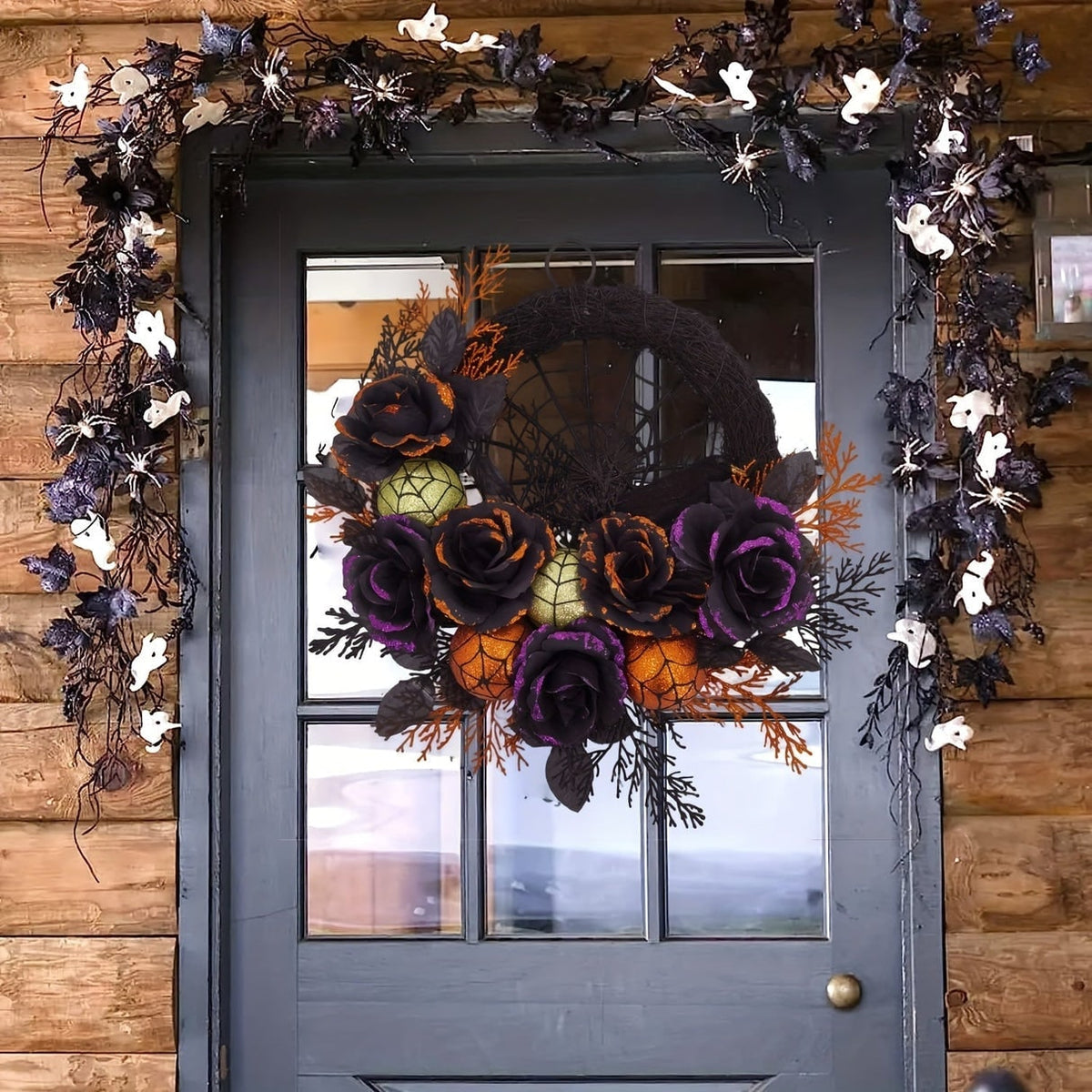 Halloween Door Wreath with Black Roses Spiderweb and Glitter Ornaments for Indoor Decoration
