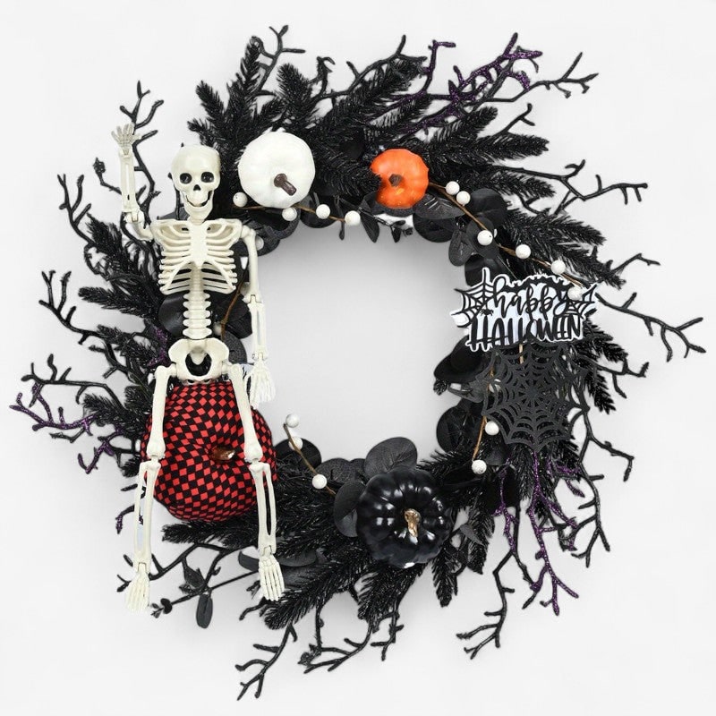 Halloween Door Wreath with Jack O Lantern Pumpkins and Skeleton for Party Decorations
