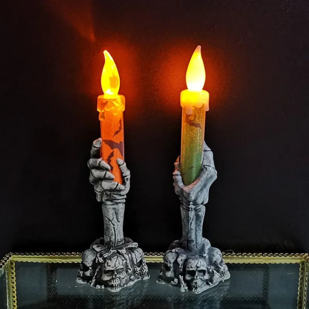 Halloween Flameless LED Taper Candle with Battery Operated Skeleton Hand Holder for Party Decoration