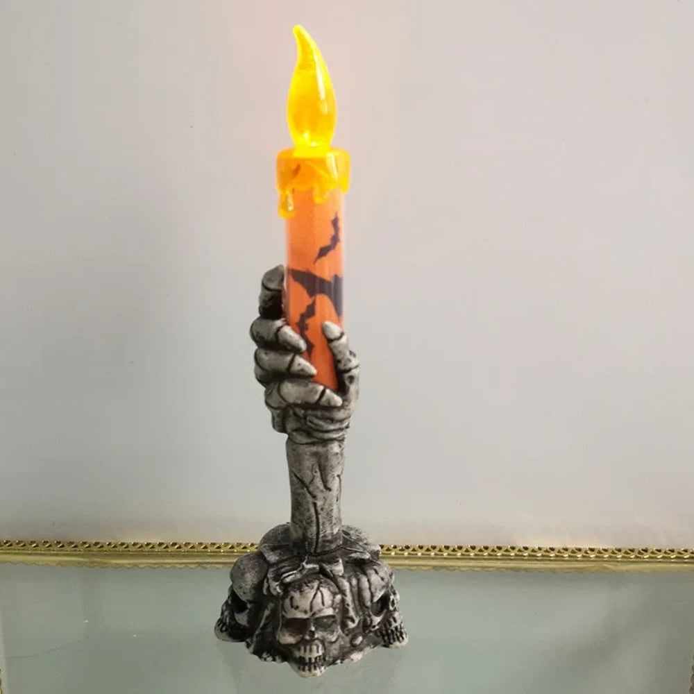 Halloween Flameless LED Taper Candle with Battery Operated Skeleton Hand Holder for Party Decoration