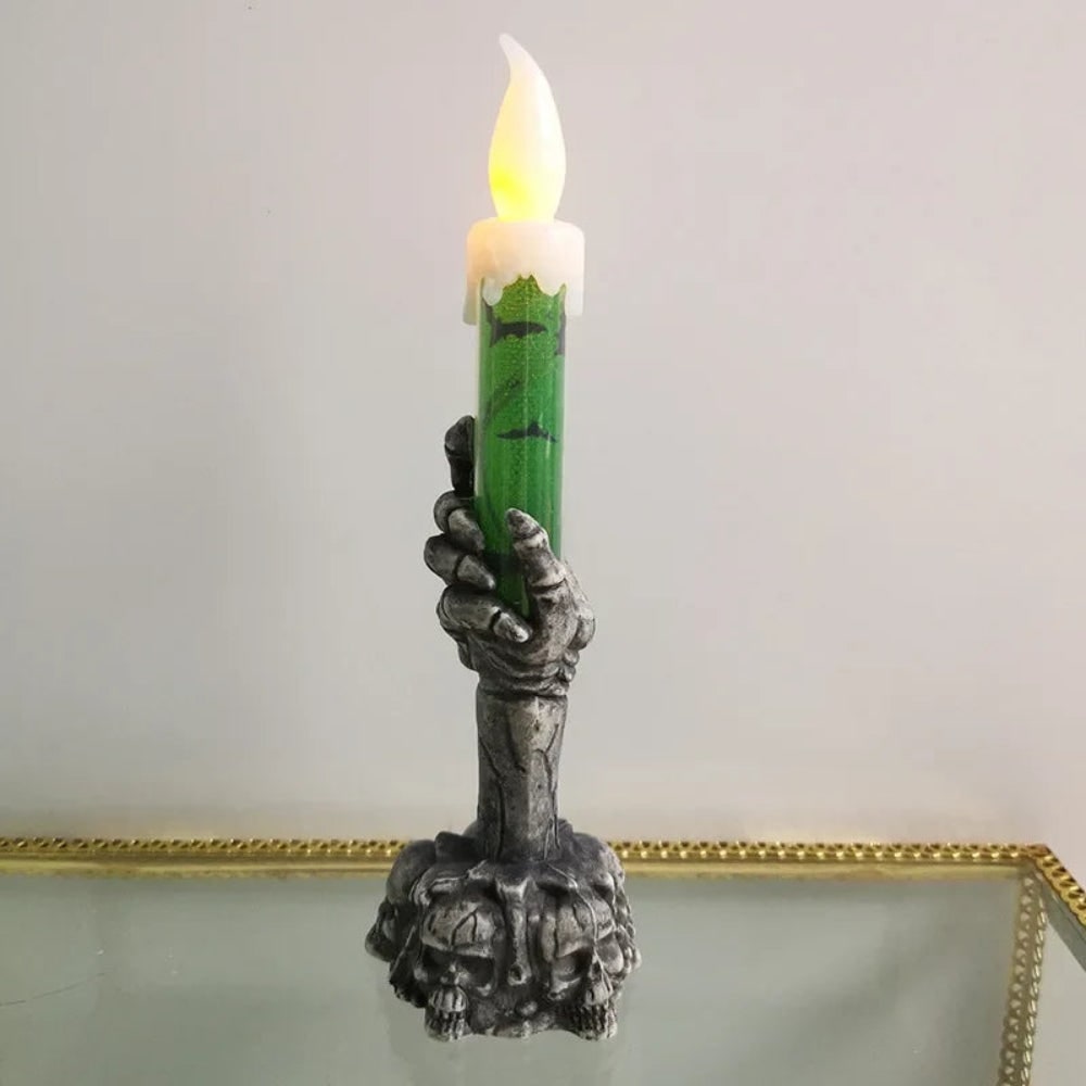 Halloween Flameless LED Taper Candle with Battery Operated Skeleton Hand Holder for Party Decoration