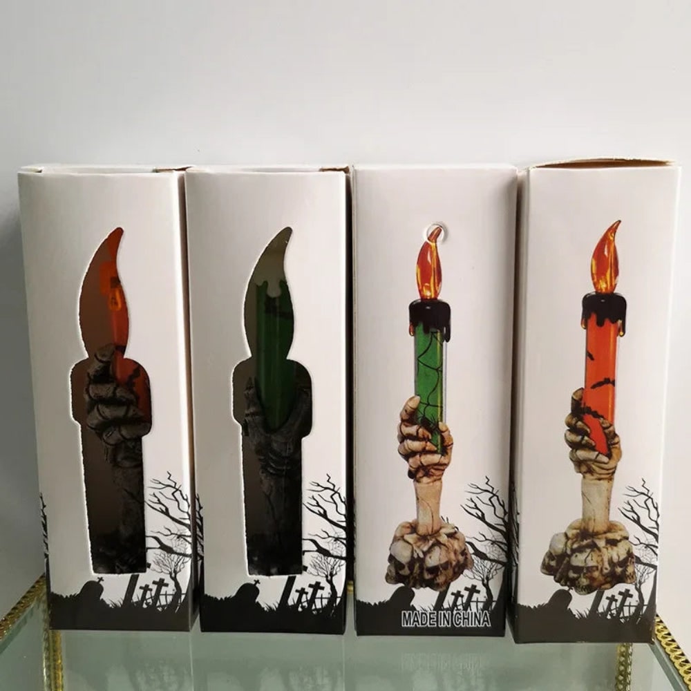 Halloween Flameless LED Taper Candle with Battery Operated Skeleton Hand Holder for Party Decoration