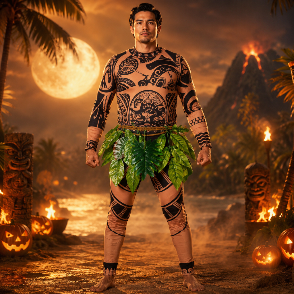 Halloween Full Body Spandex Bodysuit Costume with Tribal Tattoo Print and Leaf Skirt