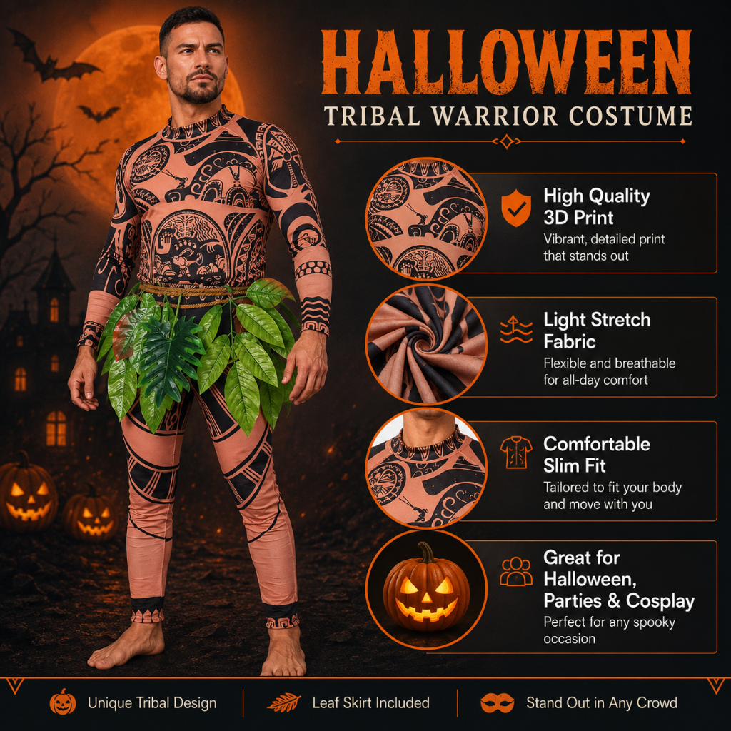 Halloween Full Body Spandex Bodysuit Costume with Tribal Tattoo Print and Leaf Skirt