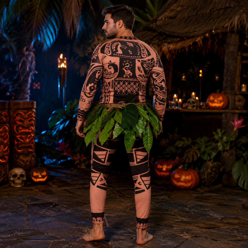 Halloween Full Body Spandex Bodysuit Costume with Tribal Tattoo Print and Leaf Skirt