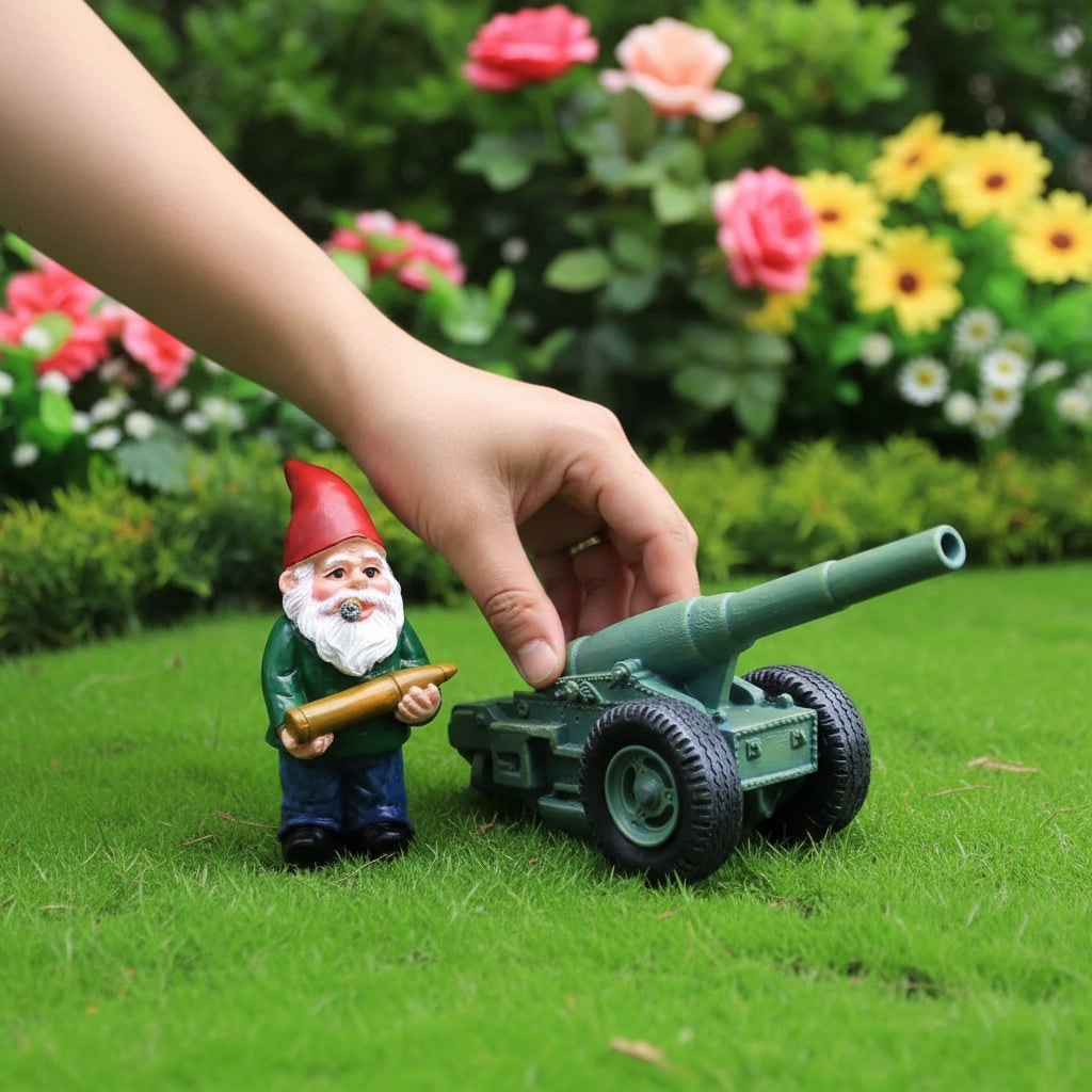 Halloween Funny Garden Gnome Figurine and Cannon Resin Miniature Set Solar