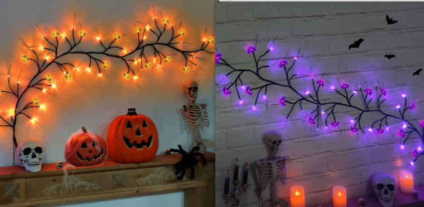 Halloween Garland with Lights LED Twig Battery Operated for Outdoor Mantel Decoration