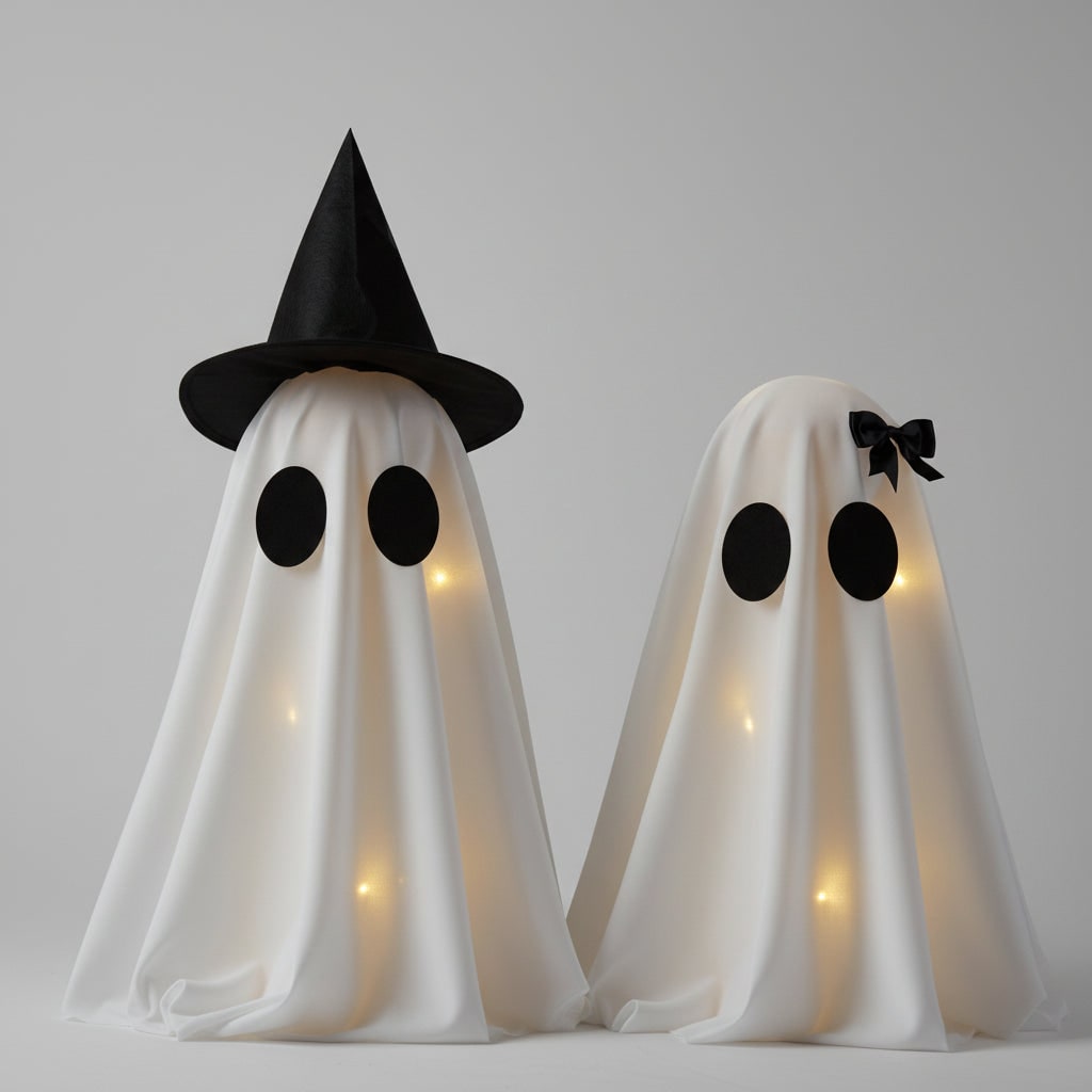 Halloween Ghost Decorations with Warm White LED Lights Set of Two Up for Tabletop Party Decor