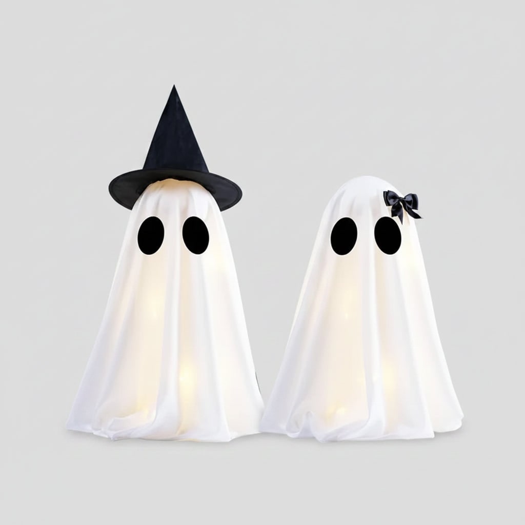 Halloween Ghost Decorations with Warm White LED Lights Set of Two Up for Tabletop Party Decor