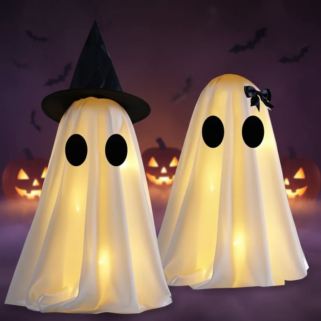 Halloween Ghost Decorations with Warm White LED Lights Set of Two Up for Tabletop Party Decor