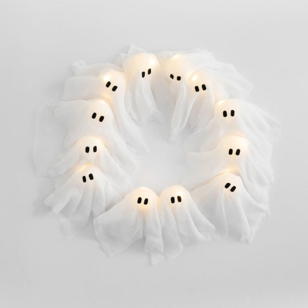 Halloween Ghost Wreath with LED Lights Black Gauze Door for Outdoor Decoration