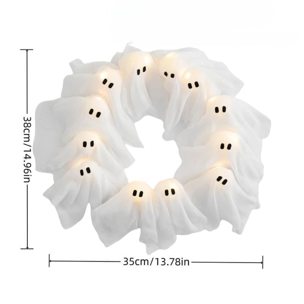Halloween Ghost Wreath with LED Lights Black Gauze Door for Outdoor Decoration