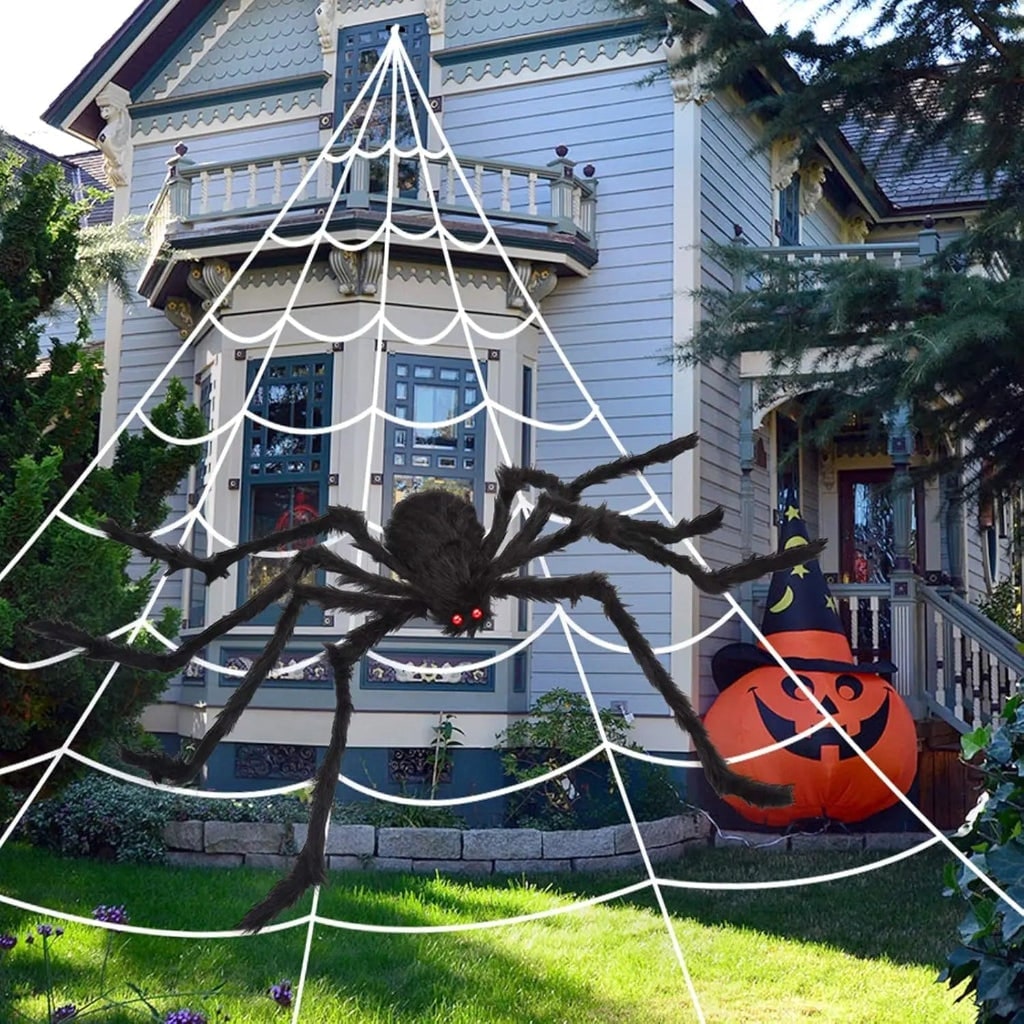 Halloween Giant Spider Web Decoration with Poseable Fuzzy and Rope for Outdoor Yard