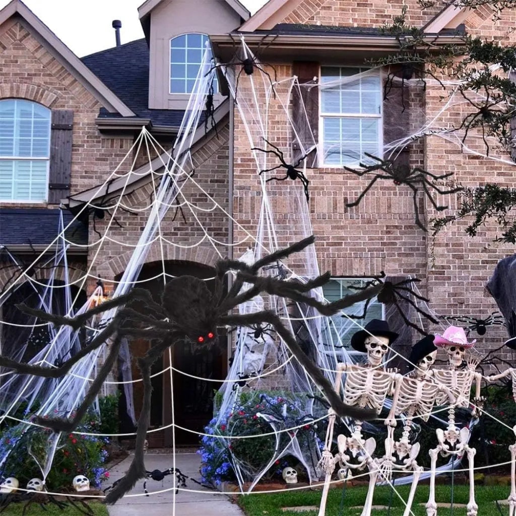 Halloween Giant Spider Web Decoration with Poseable Fuzzy and Rope for Outdoor Yard