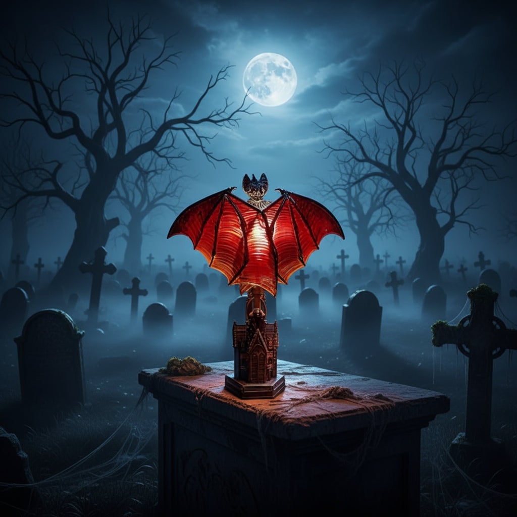 Halloween Gothic Bat Table Lamp with Battery Powered LED Light and Translucent Red Wings
