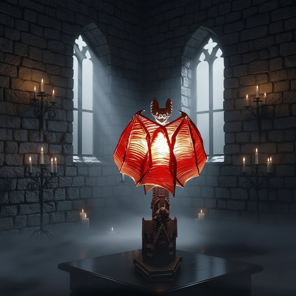 Halloween Gothic Bat Table Lamp with Battery Powered LED Light and Translucent Red Wings
