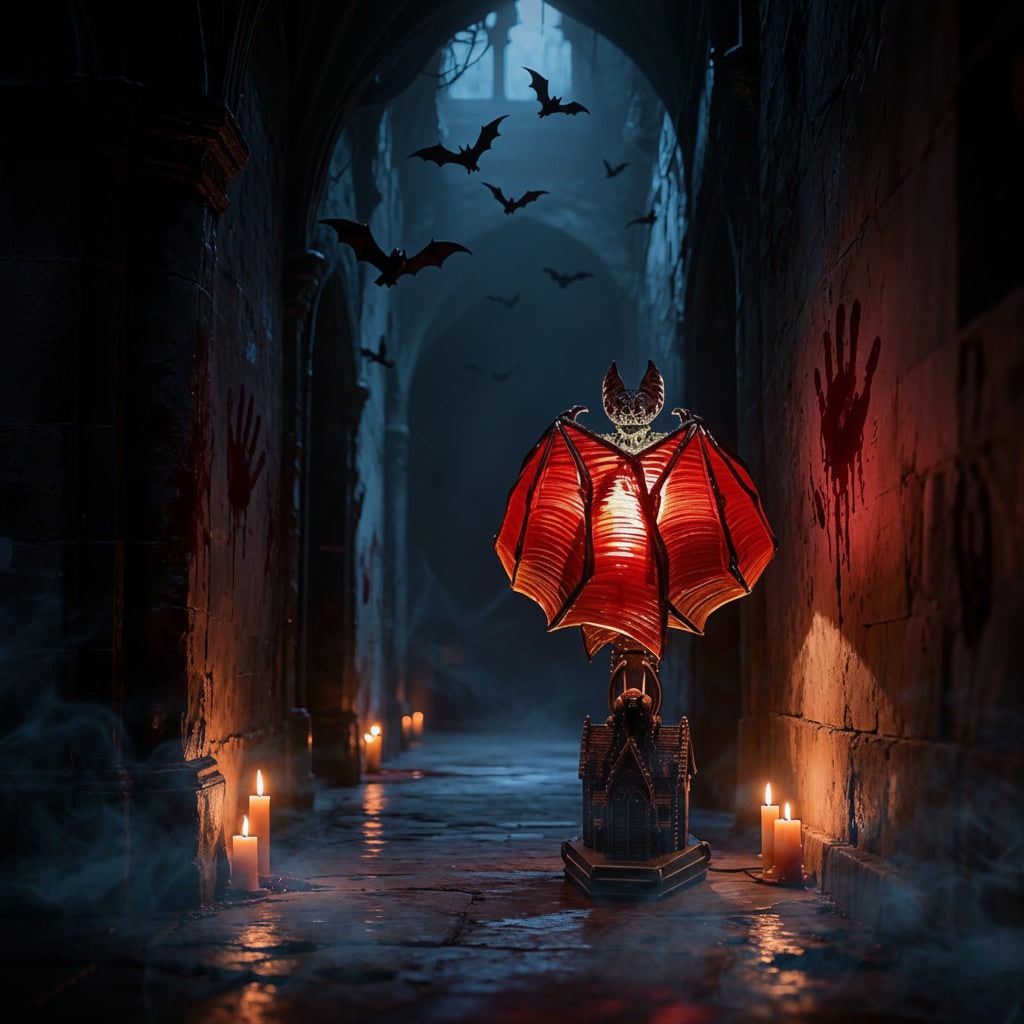 Halloween Gothic Bat Table Lamp with Battery Powered LED Light and Translucent Red Wings