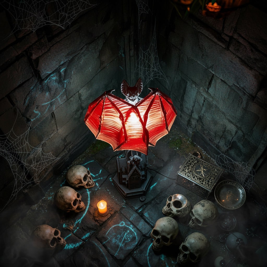 Halloween Gothic Bat Table Lamp with Battery Powered LED Light and Translucent Red Wings