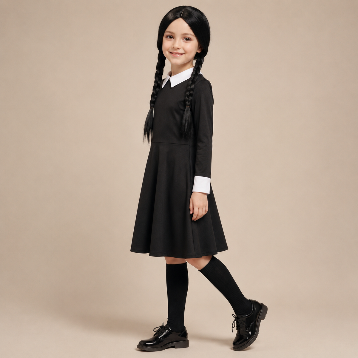Halloween gothic schoolgirl Costume Dress with White Collar and Braided Cosplay Outfit