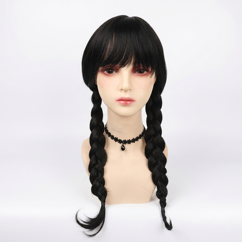 Halloween gothic schoolgirl Costume Dress with White Collar and Braided Cosplay Outfit