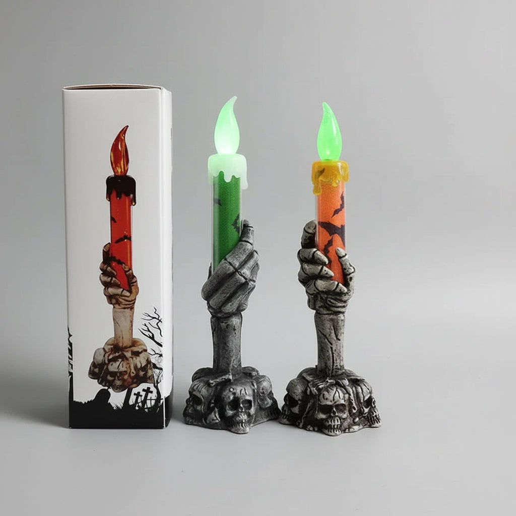 Halloween Hand Poured Soy Candles with Skeleton Holder and LED Flame Light for Party Decoration